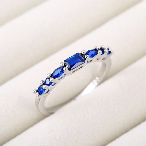 💞 Tiny Rectangular Bright Royal Blue Shiny Zircon Trendy Ring Women, PD685 - Picture 5 of 7